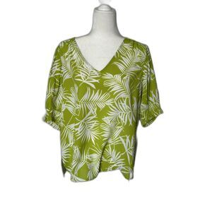 Olivia and Martin Tropical Palm Print Blouse, Size L, Green and White